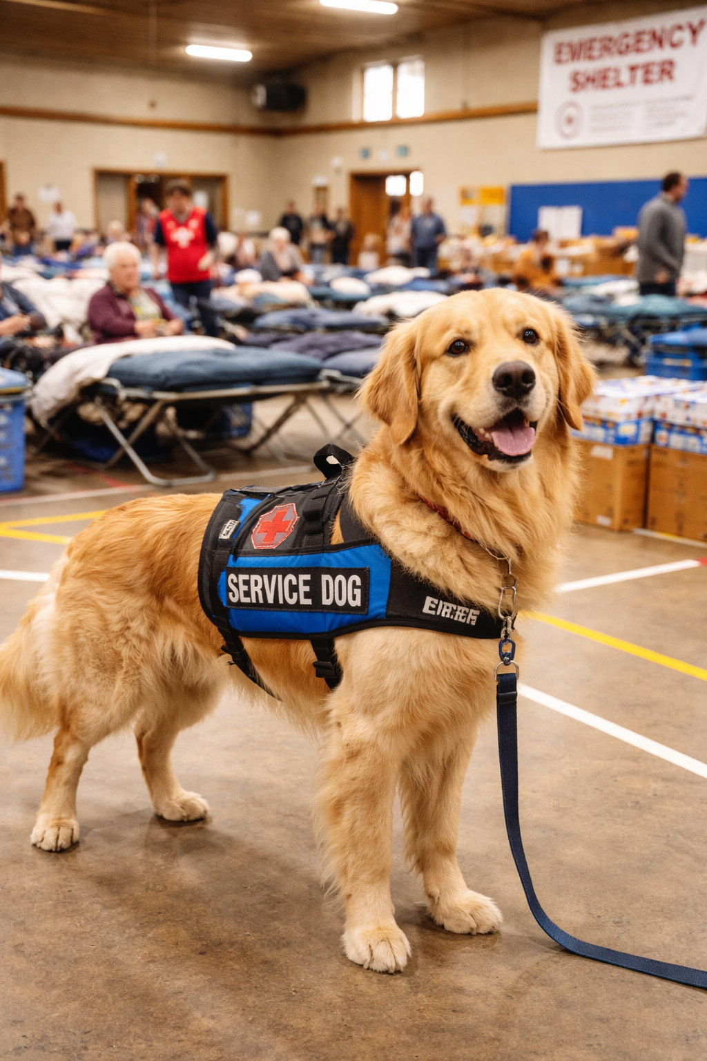 Image of a service dog wearing a vest in an emergency shelter